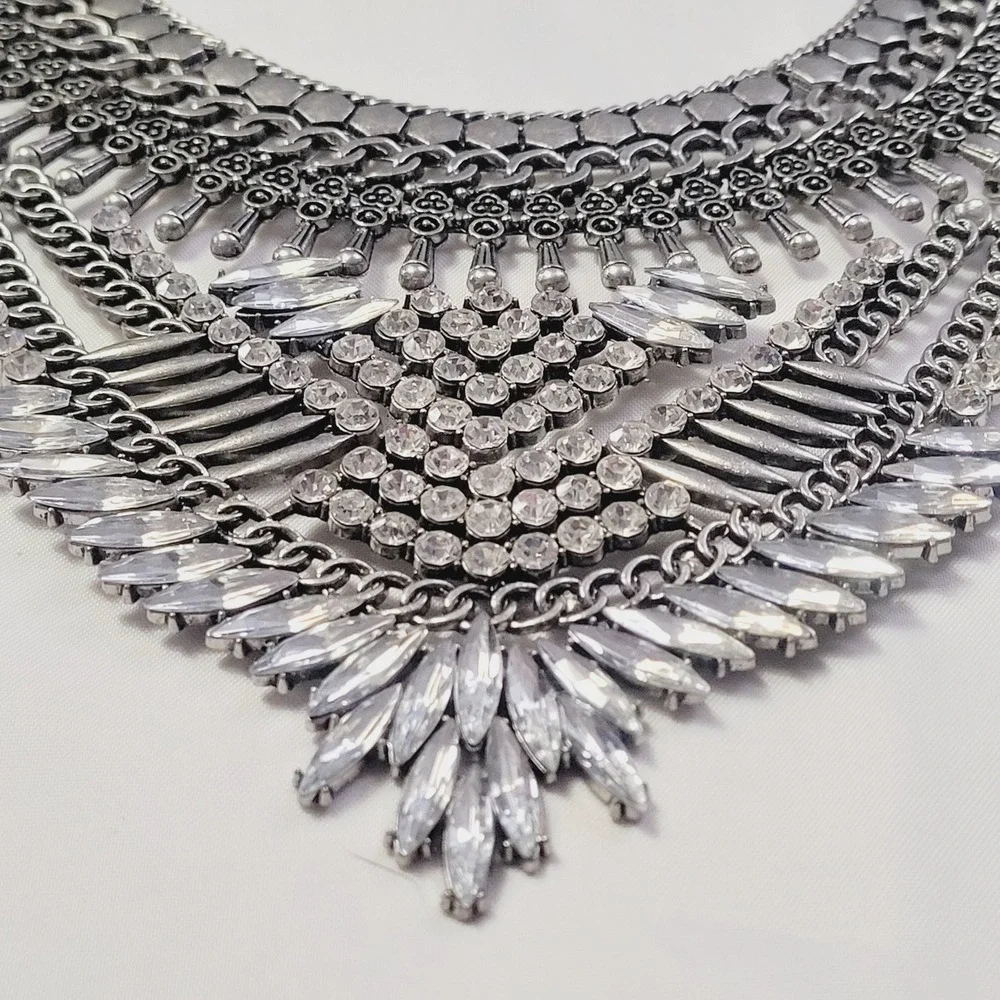 Women's Statement Bib Necklace OS Silver Rhinestone Tiered Boho Crystal U46